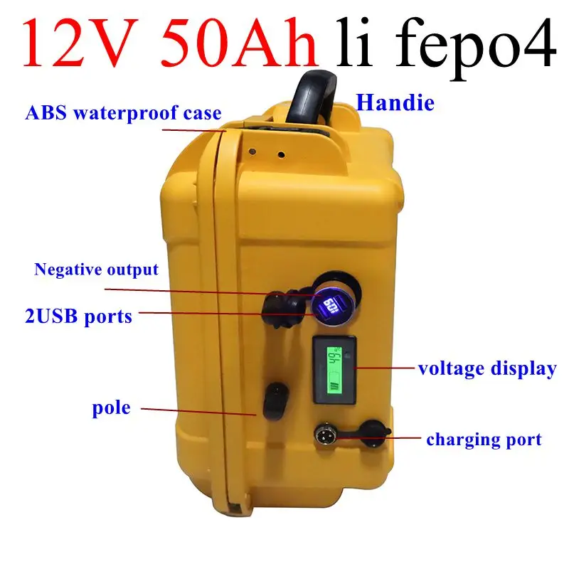 

Waterproof 12.8v 12v 50ah lifepo4 lithium battery USB port BMS 4S for Golf trolley caravan camping market UPS + 10A charger