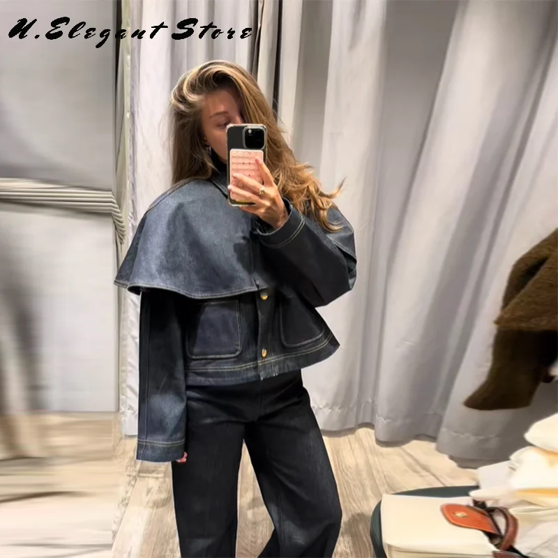 

Chic Vintage Cape Denim Jacket For Women Lapel Single Breasted Pocket Jean Coat Pocket Casual Outwears 2025 Autumn Winter Coats