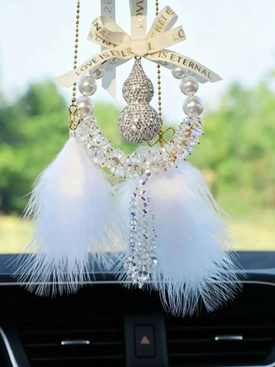 

Luxury Crystal Gourd Car Pendant With Rhinestone And Feather Rearview Mirror Hanging Ornament