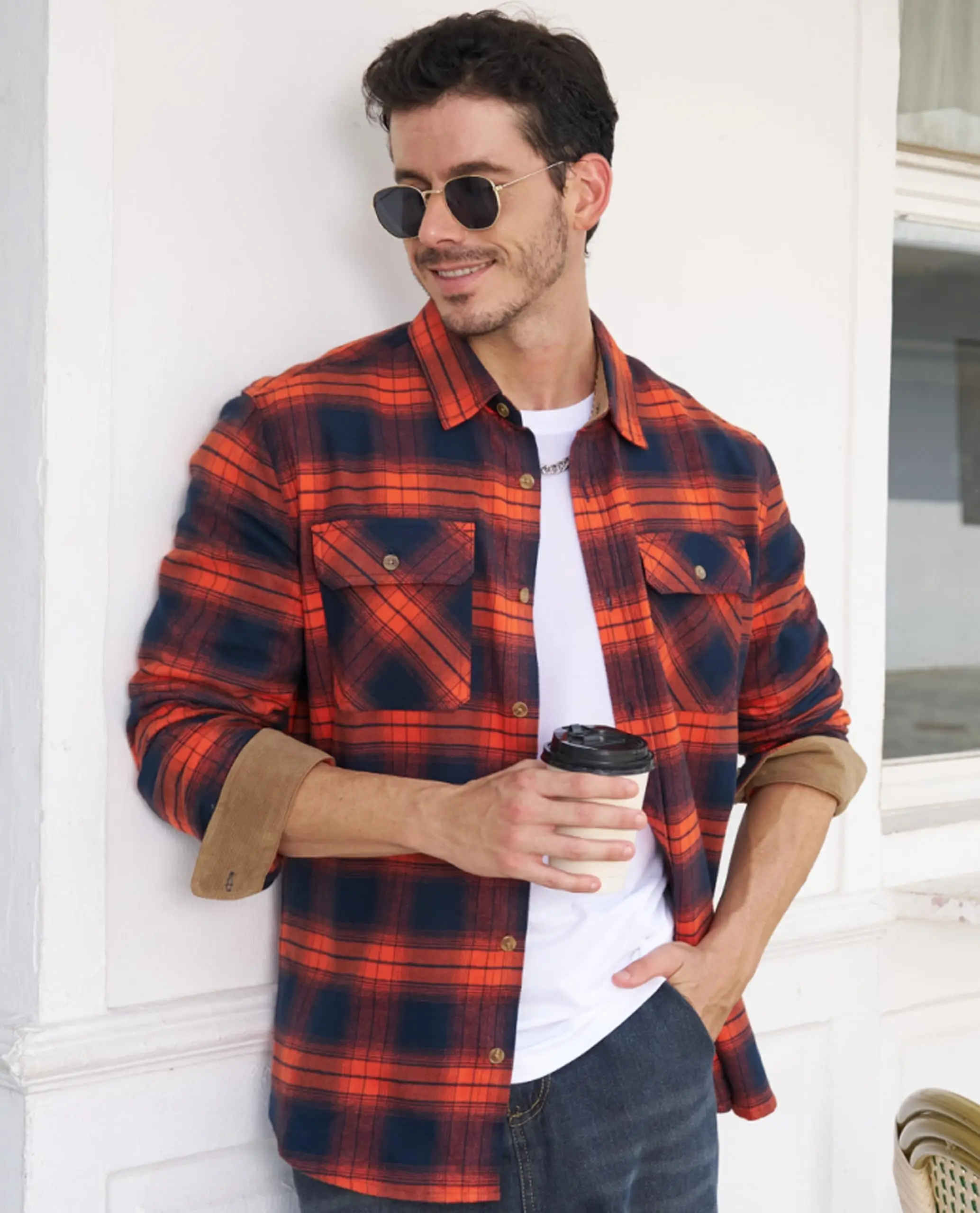 MAGCOMSEN Men's Cotton Flannel Shacket Plaid Shirt Long Sleeve Corduroy Collar 2 Chest Pockets Casual Work Overshirt Outdoor