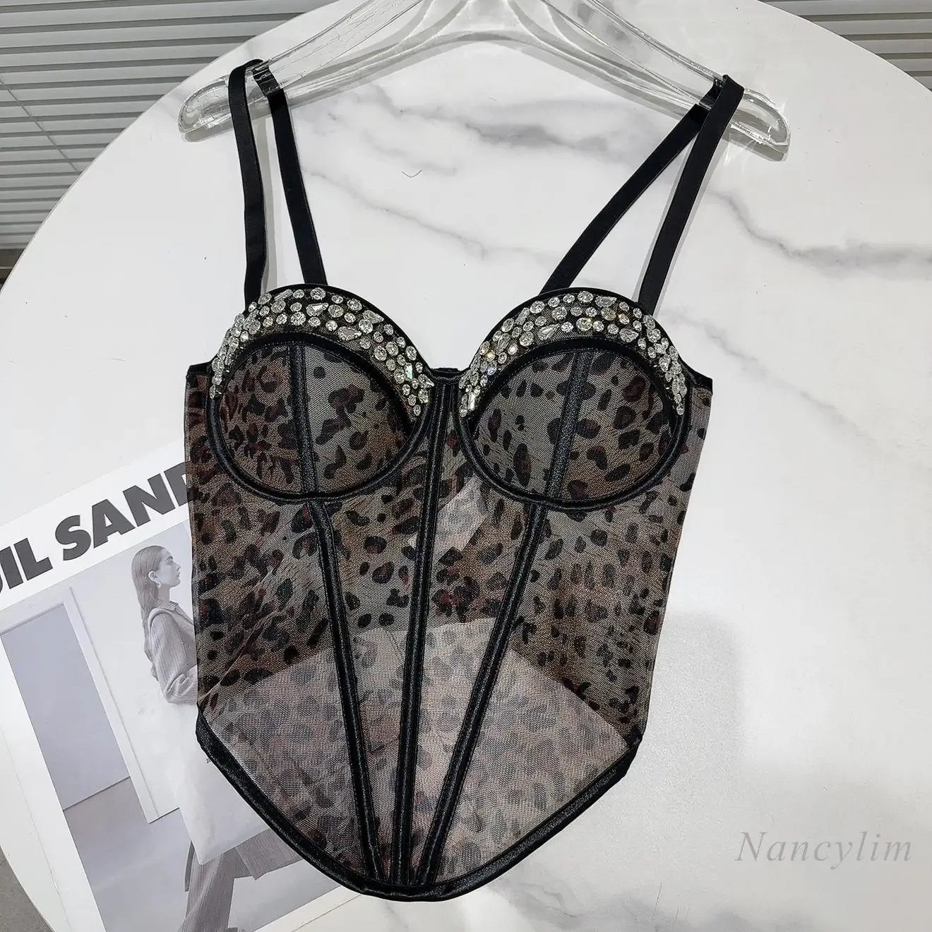 

New Sexy Spice Girl Flash Diamond Edge Leopard Print Mesh Fishbone Waist Suspender Camisole for Women Sexy Y2K Top