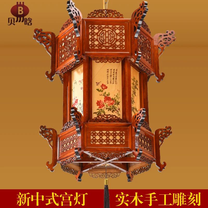 

Chinese solid wood hexagonal palace lamp bright red lantern landscape painting chandelier gate temple ancestral hall Chinese sty