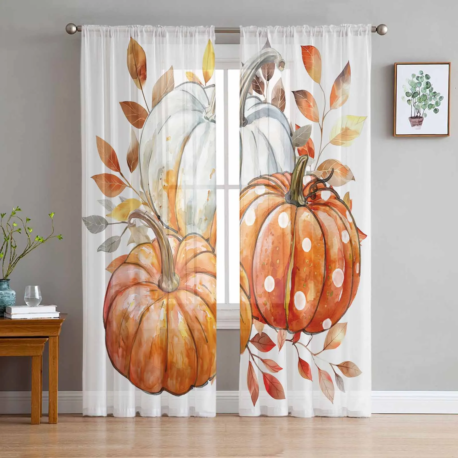 Autumn Thanksgiving Pumpkin Watercolor Leaves Sheer Curtains for Living Room Bedroom Window Treatment Kitchen Chiffon Curtain