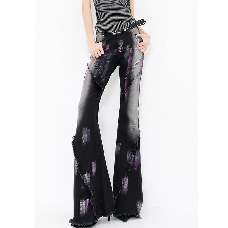 

Black Purple Graffiti Jeans Women Mid Rise Flare Pants Micro Stretch Distressed Hem Y2K Gothic Streetwear Wide Leg Trousers New