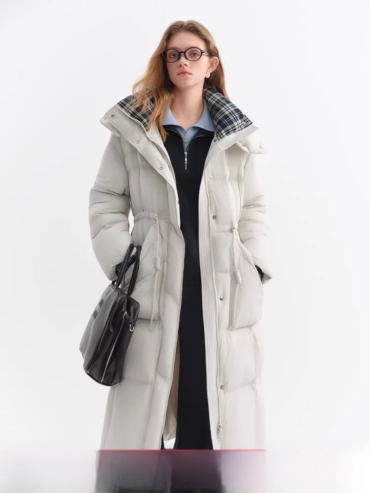 

landen Women's Long Waist-Cinching Hooded Plaid down Jaet Stand Collar Retro Outerwear Winter New Sle 445 Commute Wi...