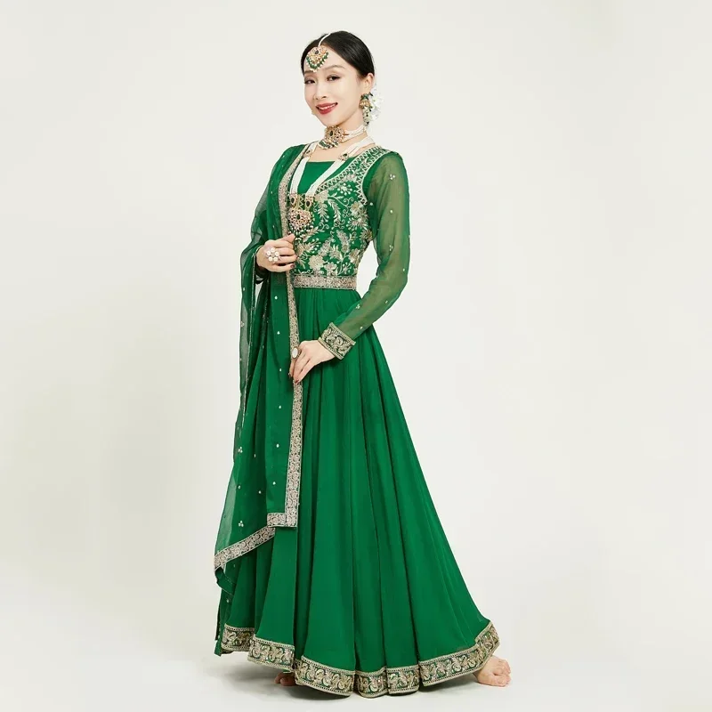 Indian Dance Folk Costume Bollywood Dance Embroidered Green Dress Belly Dance Suit Oriental Classical Clothing DQL7580