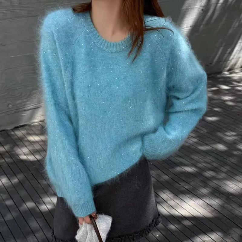 Thick Warm Sweaters For Women Oneck Winter Real Cashmere Blended Long Hair Pullovers Ladies Fluffy Loose Jumpers