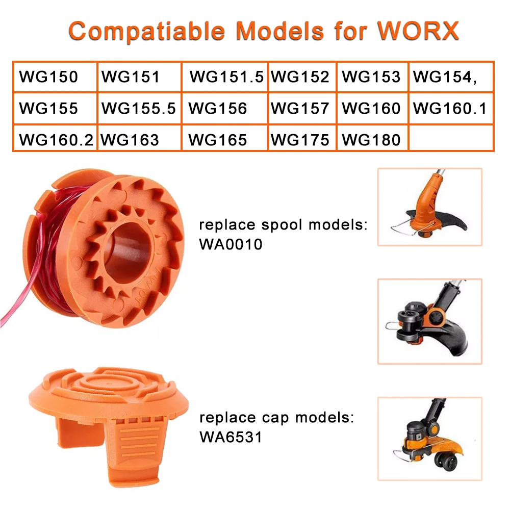 Sostituire per WA0010 String Trimmer Line Spool 0.065 in 10ft Edger Spool Cap adatto per Worx Trimmer WG150E WG155E WG157E WG163E