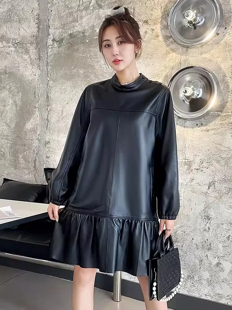 Women Spring New Stand Collar Ruffles Mid Length Loose Fit Sheepskin Genuine Leather Dress Vintage Ladies Casual Straight Dress