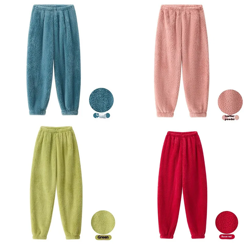 Large Size Thickened Warm Pajama Pants Woman Solid Color Home Wear Trousers Shu Cotton Velvet Warm Elastic Waist Sleeping Pants