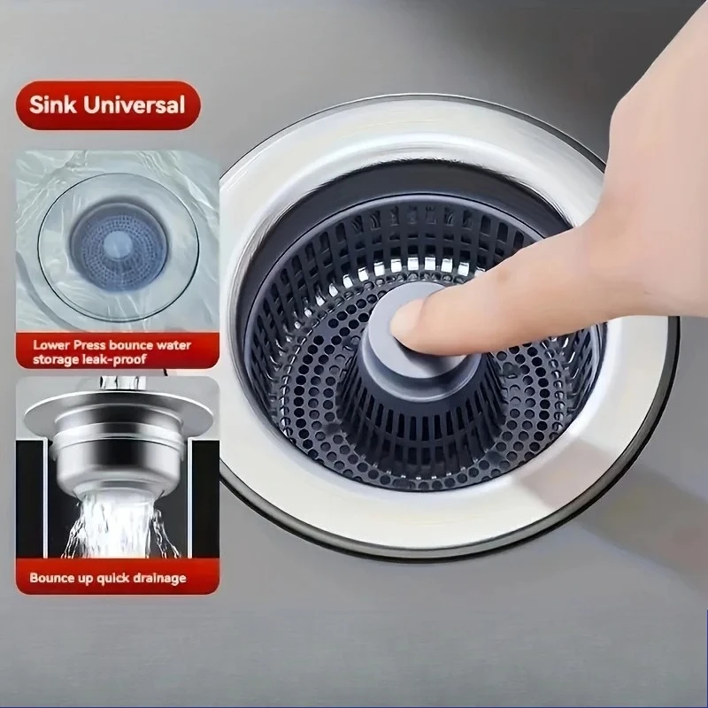 3 in 1 Pop Up ABS Silver Plated Sink Kitchen Filter Sink Strainer Drain Basket Stopping Blockage Bouncing Core Leak-proof Plug