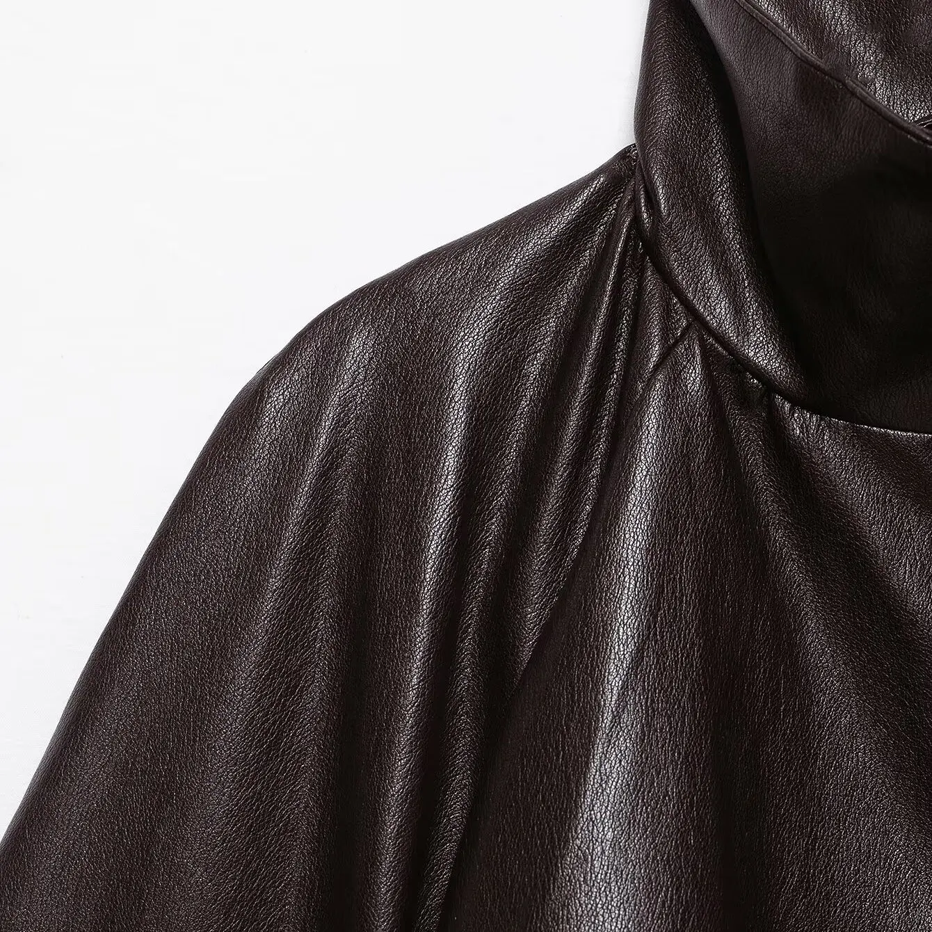 KASLEAD New Women's Fashion Leather Effect Pleated Jacket Versatile Long Sleeve Short Zipper Polyester Fiber Autumn Coat