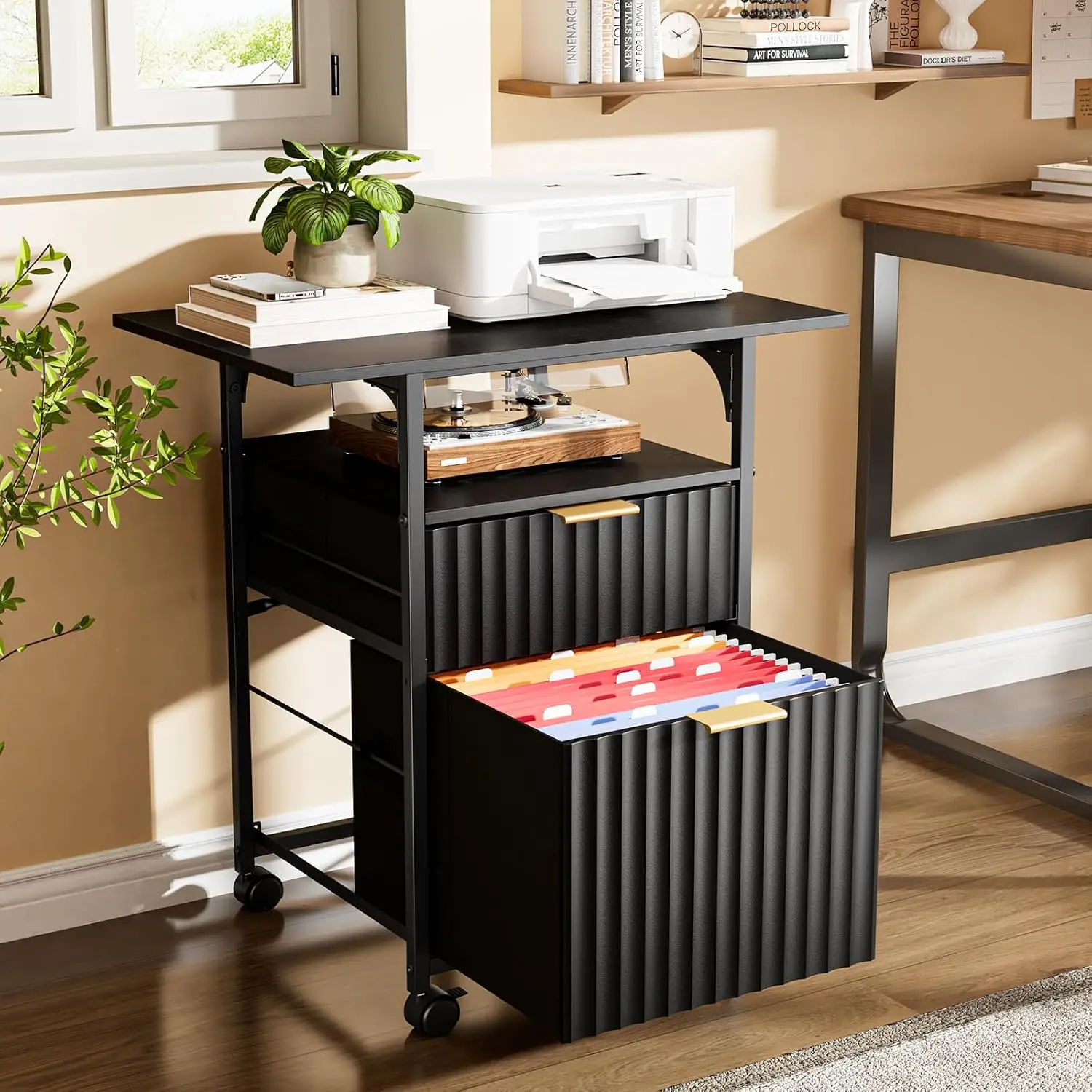 2 Drawer File Cabinet with 24'' Extended Desktop, Fluted Filing Cabinet Mobile Under Desk File Cabinet with Wheels, Fabric Drawers Printer Stand for Home Office, Fits Letter Size, Black