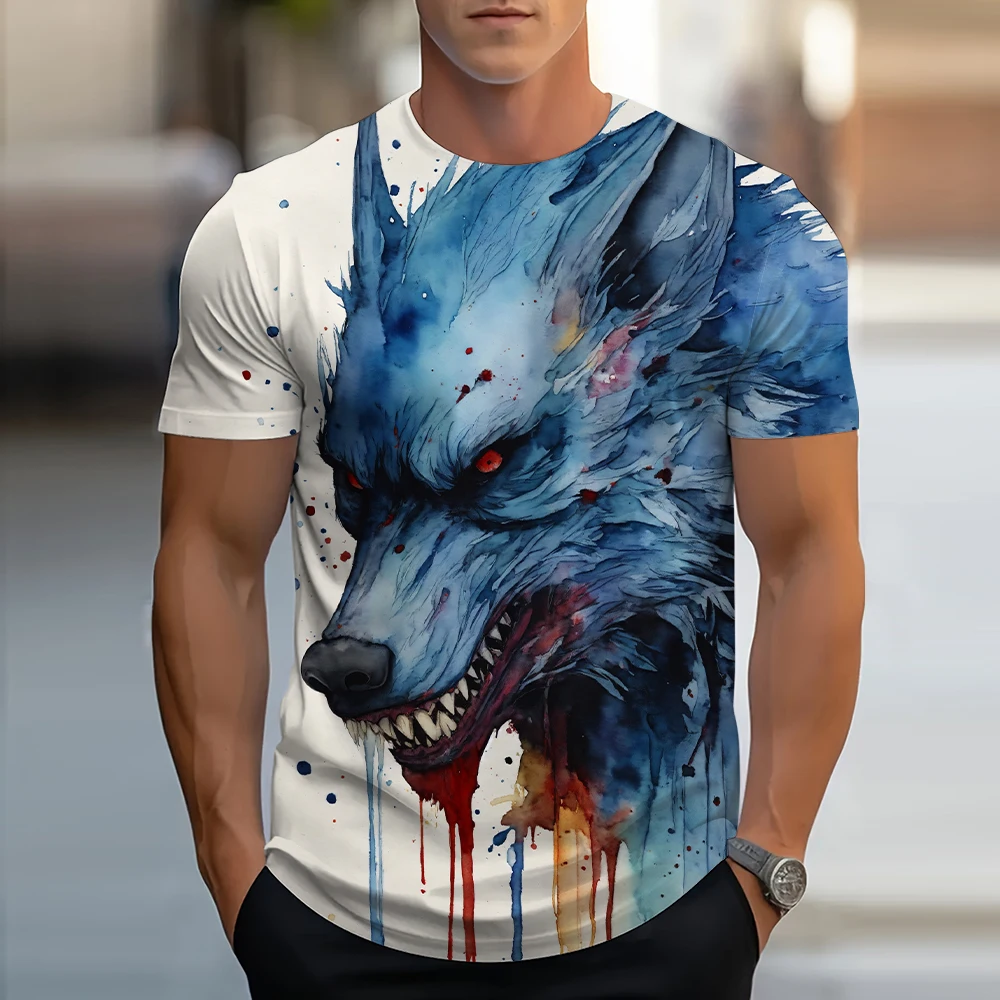 Summer Retro Gray Wolf Pattern Mens T Shirt Personalized Trend Casual Street Printed Short Sleeve Round Neck Design Short Sleeve