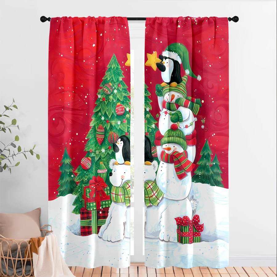 2PCS Christmas Winter Curtains, Snowman Penguin, Digital Print, Bedroom Living Room Kitchen, Rod Pocket Polyester, Home Decor