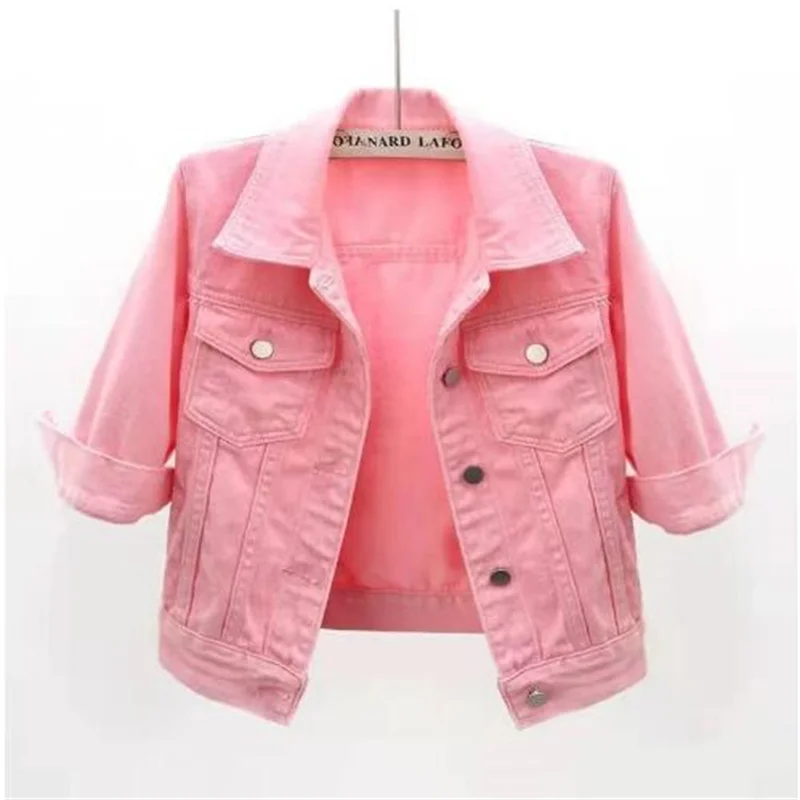 

Denim Jackets Women Tops Candy Color Solid Short Slim Vintage Casaco Feminino Three Quarter Sleeve Jaqueta Feminina