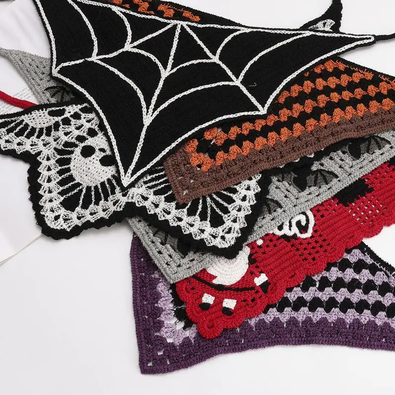 Gestrickter Baumwoll-Halloween-Fledermaus-Kopftuch-Hut Dreieckstuch Totenkopf-Stirnband für Frauen und Mädchen Allerheiligen-Geschenk – Detail 1