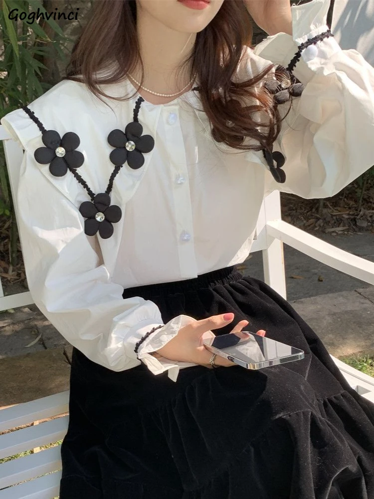 

Ruffles Shirts Women White Long Sleeve Loose Fit Design Spring Korean Style Temper Retro Chic All-match Lady Fashion Tops Mujer