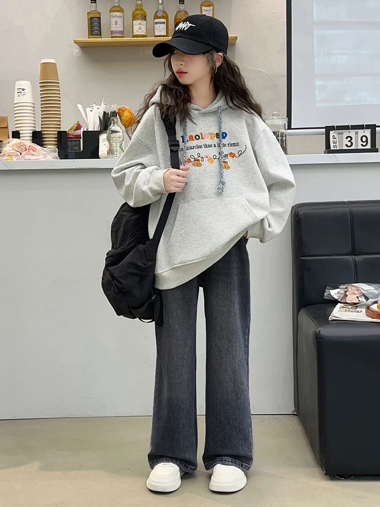 

Girls Casual Hoodie Denim Jeans Two-Piece Set Autumn Faionable New Arrival Cotton Long Sve Long Pants Hooded Top