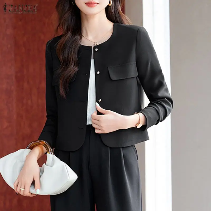 ZANZEA 여성 우아한 경량 짧은 블레이저 오 넥 긴 소매 버튼 업 솔리드 컬러 정장 재킷 봄 사무 작업 겉옷