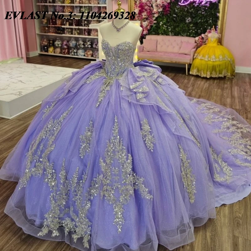 

EVLAST блестящее лавандовое платье Quinceanera по индивидуальному заказу с золотыми пайетками и аппликацией из бисера Sweet 16, платье Vestidos 15 De XV Años E3Q902