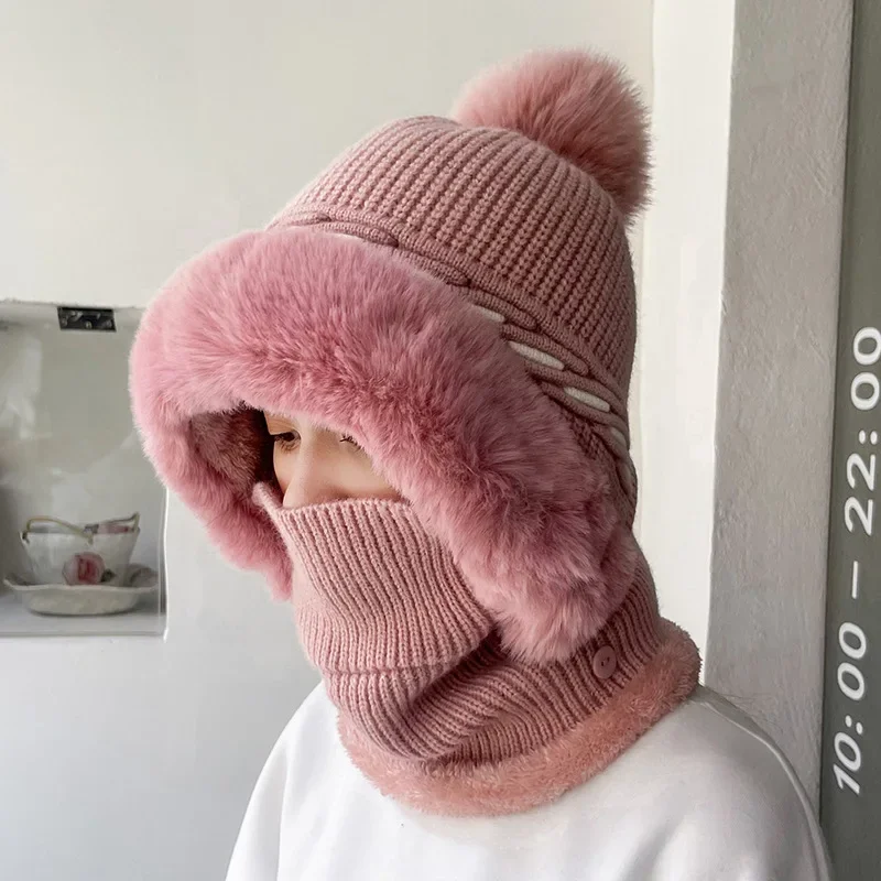 Winter Scarf Set Hooded For Women Knitted Neck Warm Russia Outdoor Ski Windproof Hat Thick Beanies