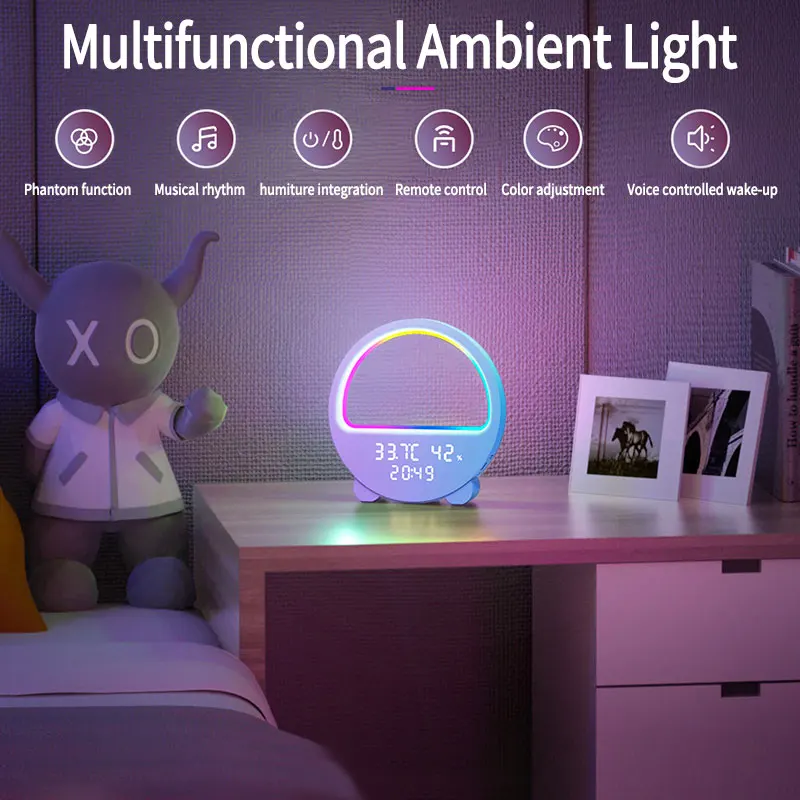 Multifunctional LED temperature and humidity meter desktop clock bedside light intelligent music voice wake-up small night light