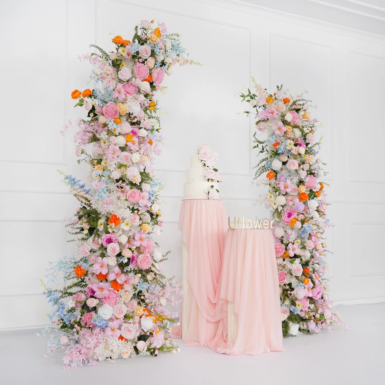 

Uflower Colorful Peony Rose Hydrangea Poppy Wedding Backdrop Horn Arch Decor Arrangement Floral Event Props Flower Stand Display