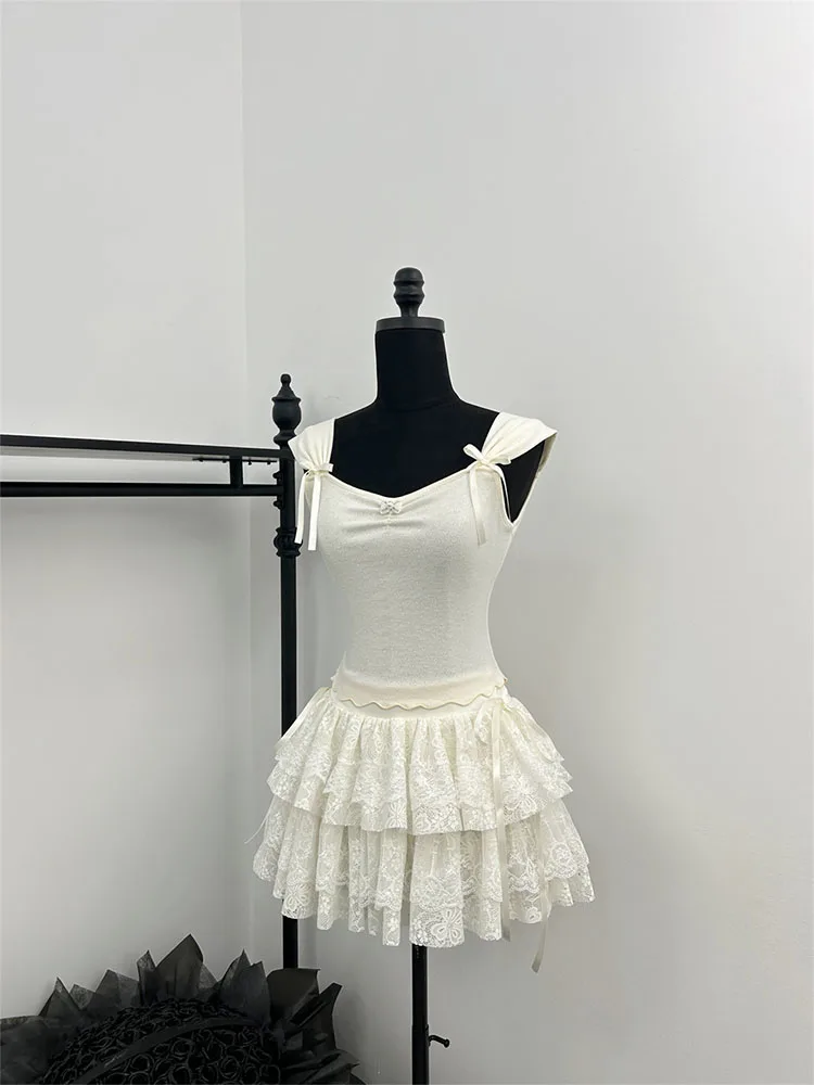 Conjunto de 2 piezas formado por Top sin mangas y minifalda de encaje, Traje de Ballet, estilo Mori Girl, año 2000