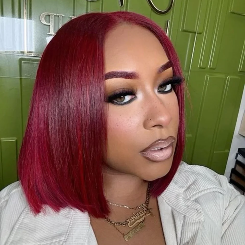 

Парик-каре 99J бордовый из натуральных волос, 13x1, с кружевной передней частью, 12 дюймов, прямой, винно-красный, 180% плотность, с естественной линией роста волос