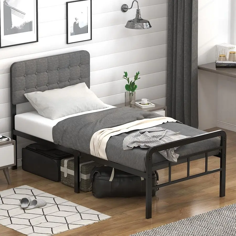 

16 Inch Twin Size Bed Frames with Upholstered Headboard and Metal Footboard, Heavy Duty Metal Slats Support Mattress Foundation