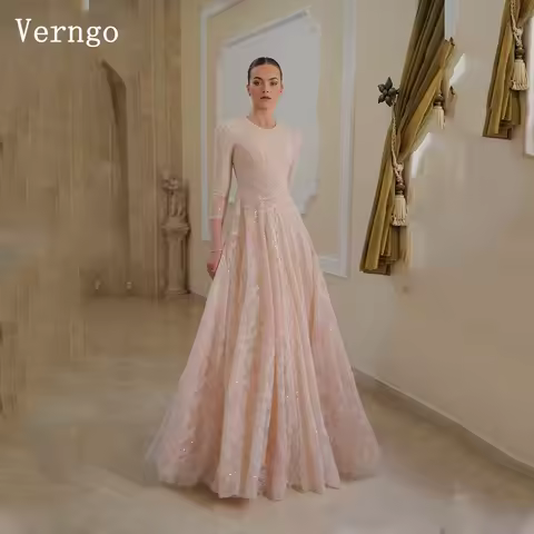 Verngo Sequined Shiny Evening Dress O Neck Full Sleeves A Line Modest Formal Occasion Dress Women Arabic Prom Gowns Customized