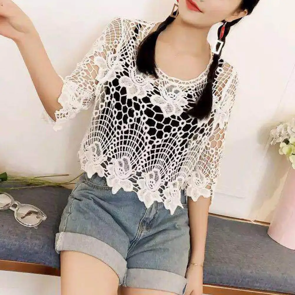 Summer Clothing 2023 Latest Women\'s Round Neck Crocheted Cutout Blouse Short Large Size Lace Half Sleeve Loose Top for Women