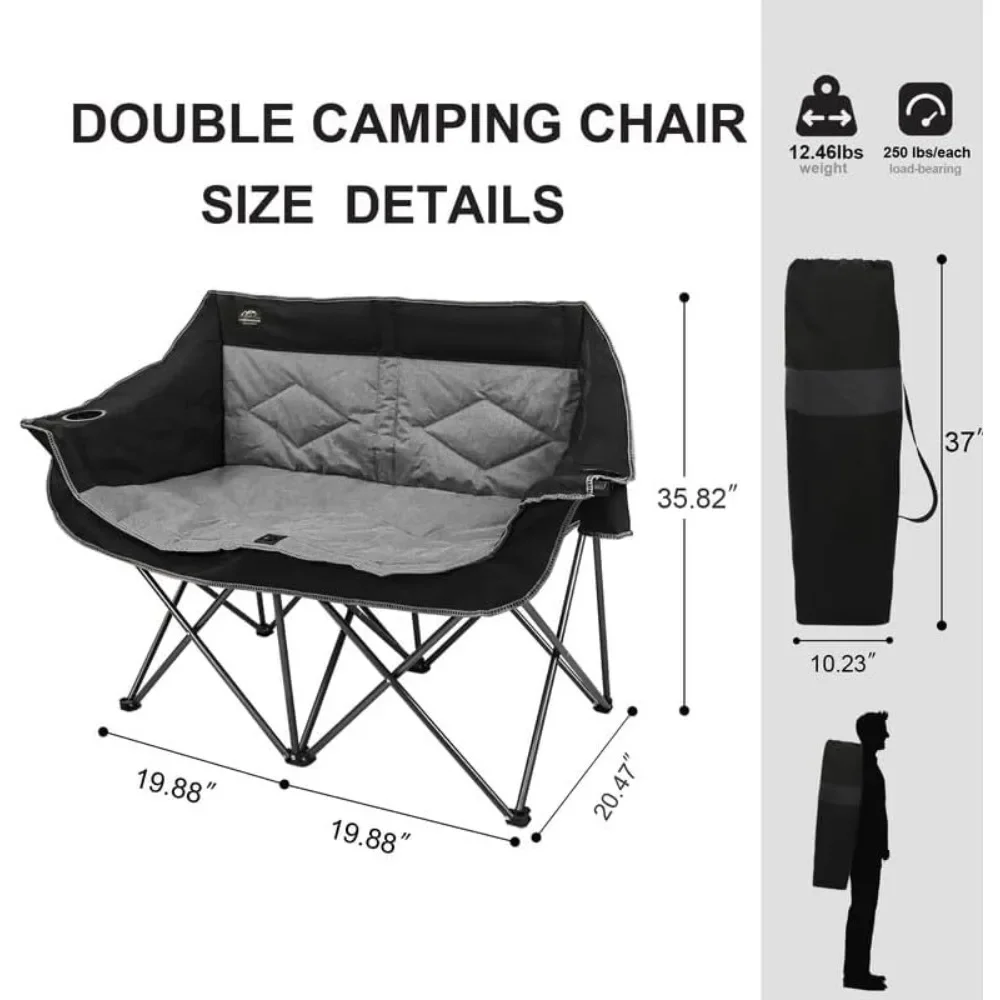 كرسي تخييم قابل للطي بمقعدين، كرسي مزدوج محمول مع حامل أكواب، حامل زجاجي للنبيذ، حقيبة حمل كرسي حديقة عالي التحمل لـ 2