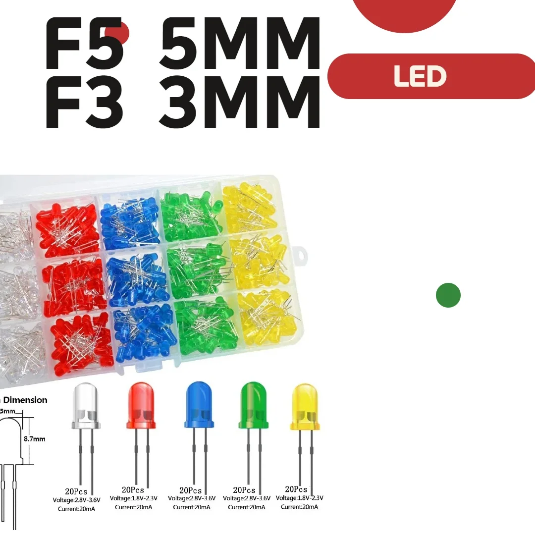 500-100PCS/lot 3mm 5mm F3 F5 Round LED Ultra Bright White Green Yellow Blue White Red Light Emitting Diode For Diy Kit