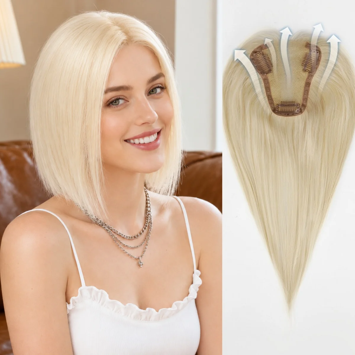 Platinum Blonde 100% Remy Human Hair Lace Base Topper 12 Inch 9x10 CM Straight Middle Part Hairpiece for Women Thinning Hair
