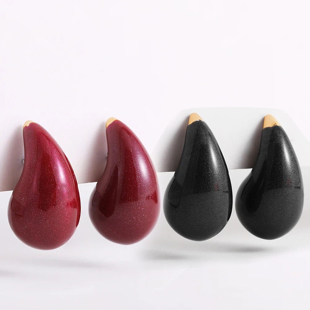 

New Crimson Red Droplet Water Drop Thick Hammered Earrings Women Girl Shiny Sparkling Black Enamel Teardrop Chunky Ear Buckle