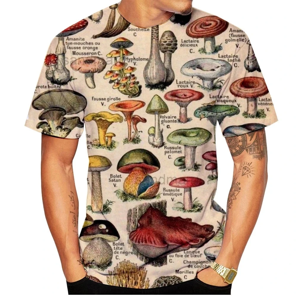 2023 Summer New Vintage Mushroom Image Print T-shirt Men\'s Short Sleeve Casual Fashion Street Element Plus Size Top