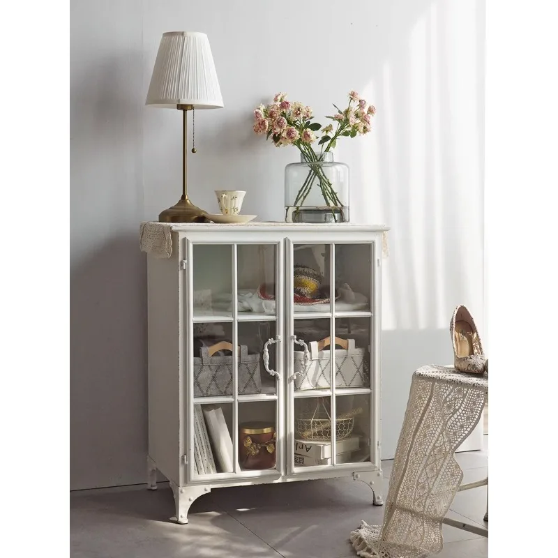 French style rural white iron art, iron sheet, glass storage cabinet, display cabinet, living room, sofa storage corner