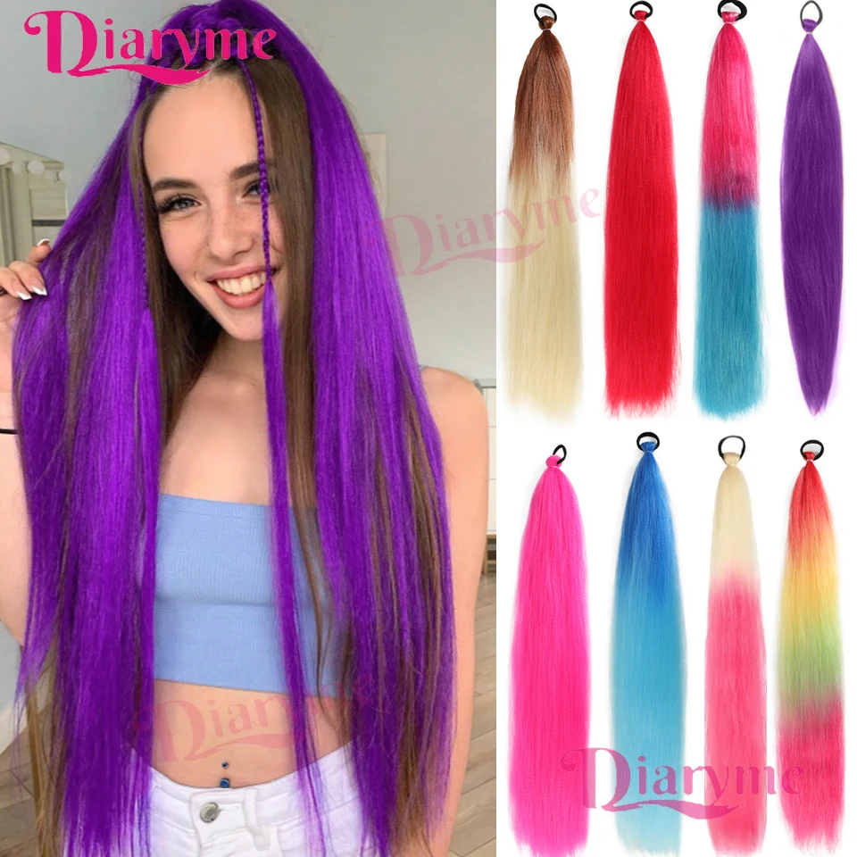 

Предварительно растянутый синтетический хвост на Хэллоуин с эластичной завязкой для волос 26 дюймов, длинный цветной плетеный хвост, омбре, фиолетовый