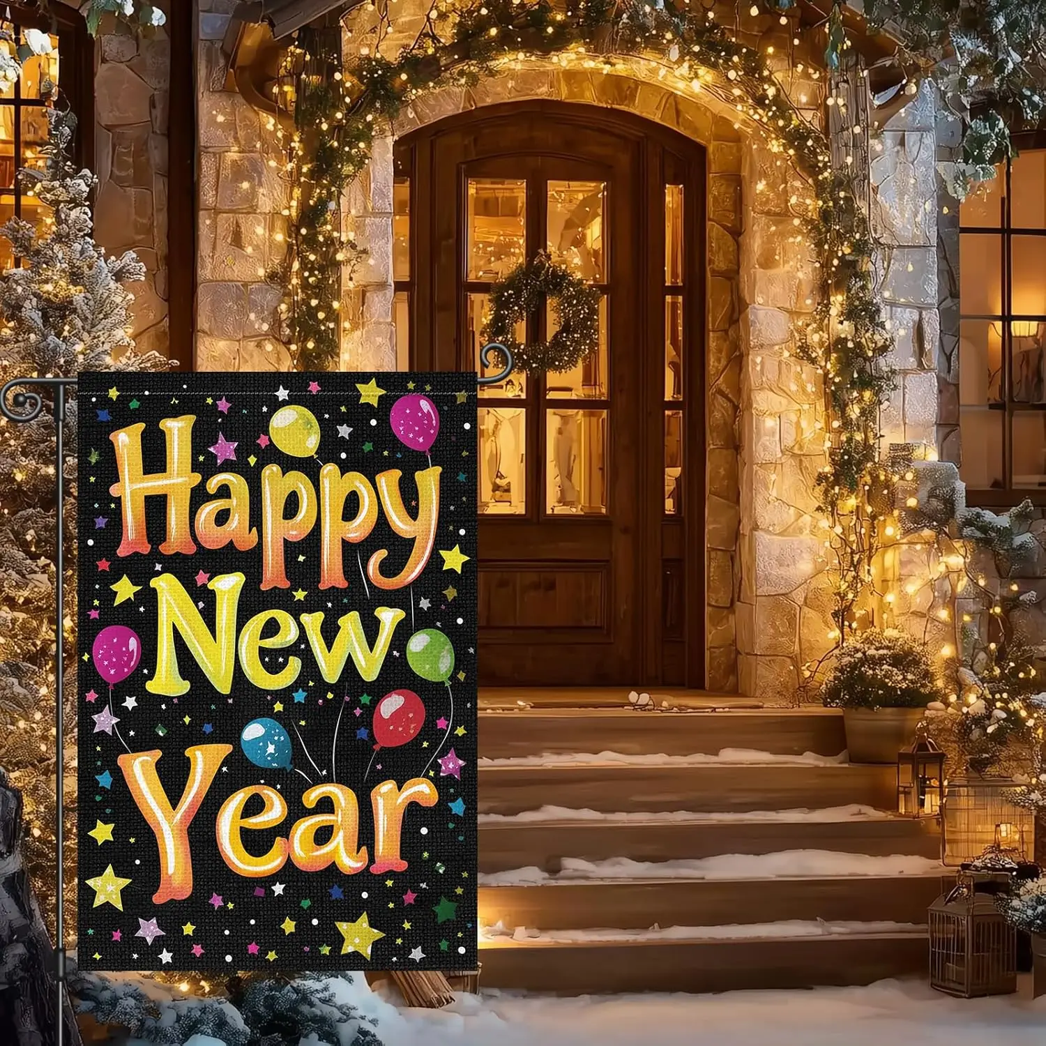 Louise Maelys Happy New Year Garden Flag Balloon Star 12x18 Inch Double Sided Winter Welcome Party Christmas Xmas Holiday Se uui