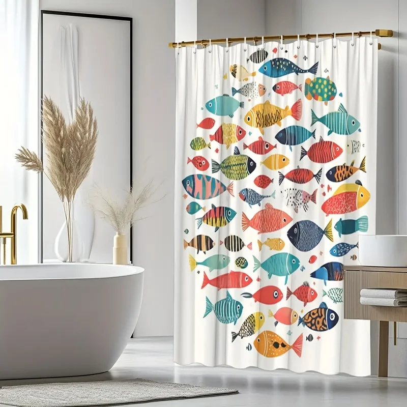 A Playful Hand-painted Ocean-themed Shower Curtain Featuring Vibrant Cartoon Fish as the Central Motif. with Its Lively and Cute