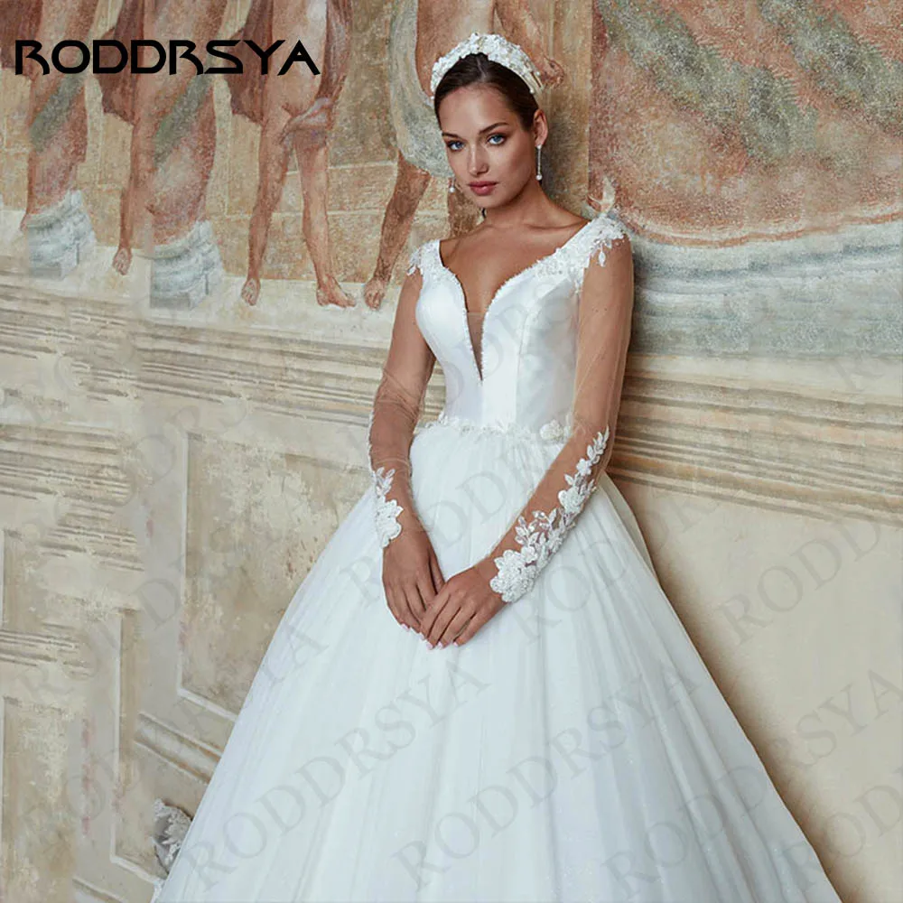 RODDRSYA Vestido De Noiva Para Noiva Mangas Compridas Luxo V Neck Vestido De Casamento Lace Frisado Elegante Tulle Applique Vestido De Noiva Vestido de Noiva Manga Longa Luxo  Vestido de Casamento com Decote em V e Ren