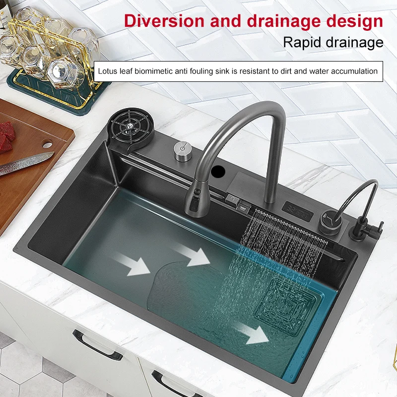 Fregadero de cocina de acero inoxidable con pantalla Digital, lavabo multifunción con grifo de cascada para apartamento, individual, grande