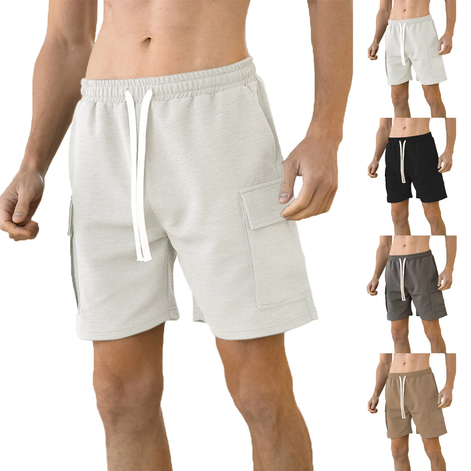 Pantalones cortos de punto con textura para hombre, Shorts de cintura elástica con cordón, informales, con bolsillos, para deportes al aire libre, Fitness, de verano