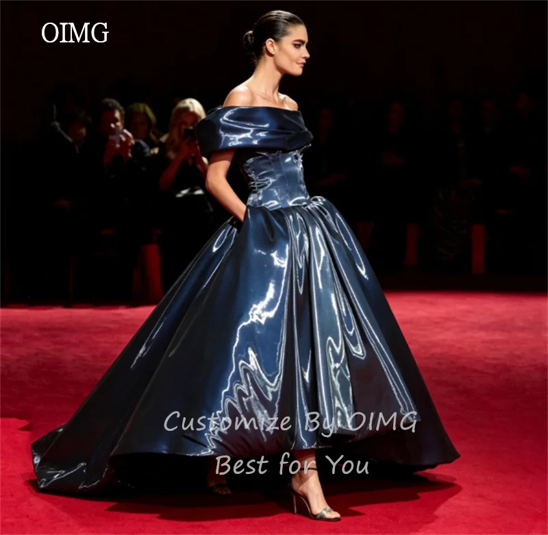 OIMG Navy Blue High/Low Prom Gowns Off The Shoulder Party Gown Ankle Length Tail Evening Dress платье на выпускной Customized