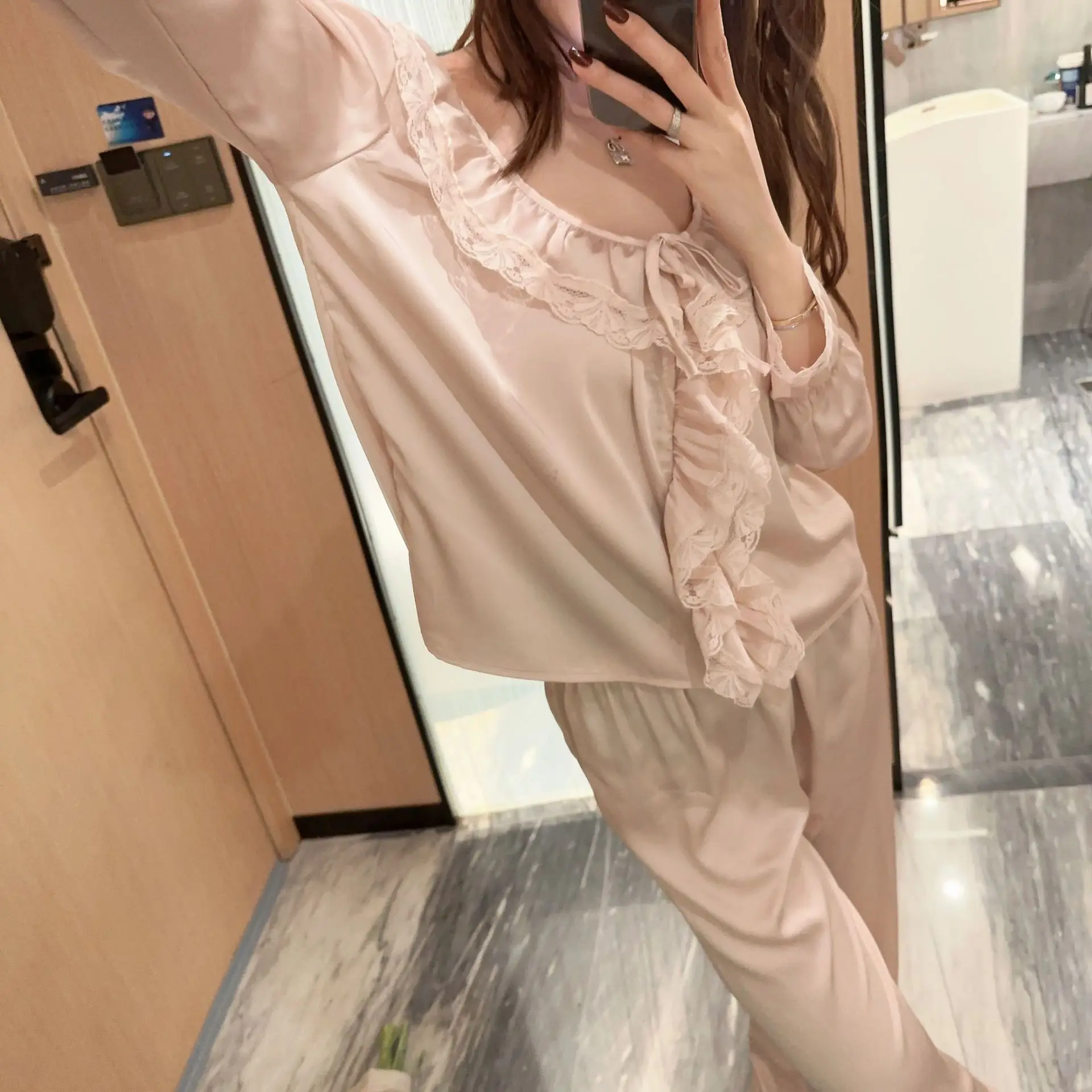 

Women's Silk Pajama Set Solid Korea Style Spring Autumn Long Sleeve Ladies Sleepwear 2 Pcs with Pant Lace Pijama Suit Female