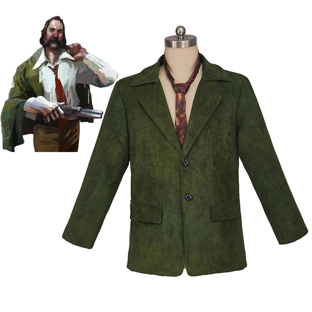 Game Disco Elysium Cosplay Harrier Du Bois Green Suede Jacket with Tie Halloween Carnival Party Uniform Coat For Men Streetwear