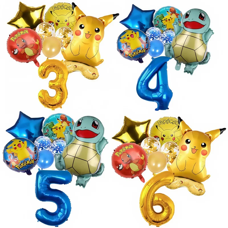 Dos juegos 8 Uds Pikachu figuras de anime fiesta de cumpleaños decoración de fiesta de cumpleaños niños globo azul 1 2 3 4 5 6 7 8 9 globos Baby Showe