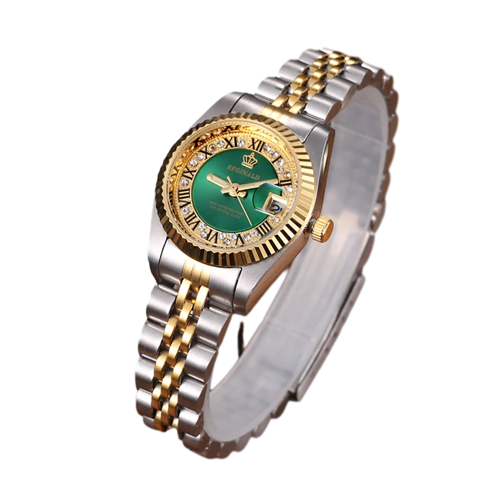 Reginald-Reloj de acero inoxidable para mujer, cronógrafo de lujo con diamantes de cara verde, con fecha automática, de cuarzo, a la moda